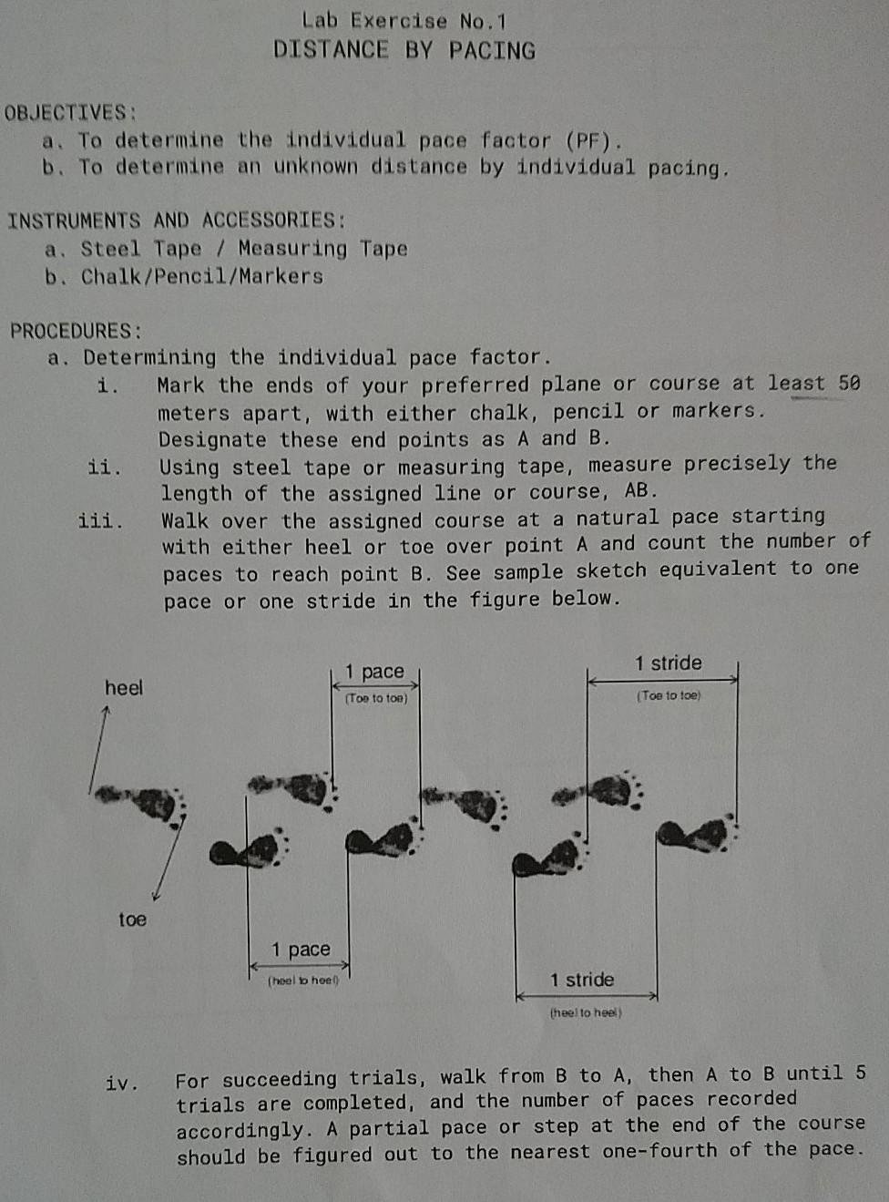 Lab Exercise No 1 Distance By Pacing Objectives A Chegg Com