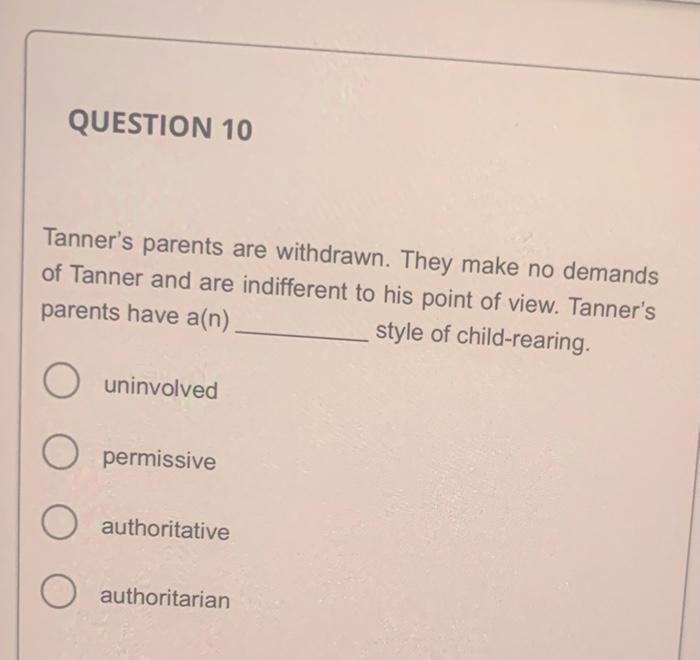 Tanners parents are withdrawn. They make no demands of Tanner and are indifferent to his point of view. Tanners parents hav