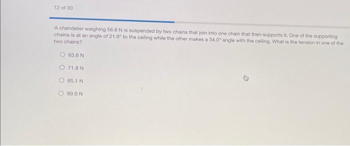 Solved A chandelier woighing 56.8 N is suspended by two | Chegg.com