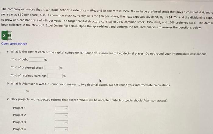 Solved Excel Online Structured Activity: WACC and optimal | Chegg.com