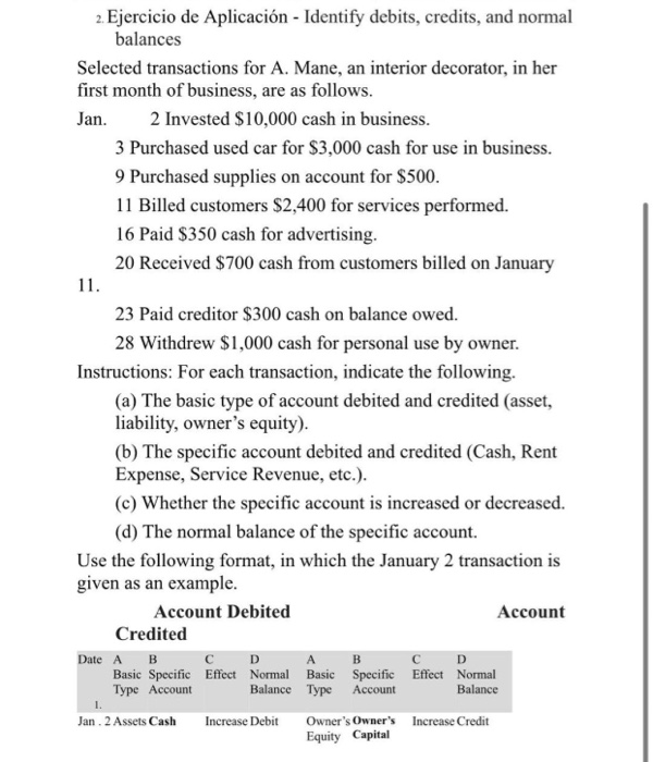 Solved 2. Ejercicio de Aplicación - Identify debits, | Chegg.com