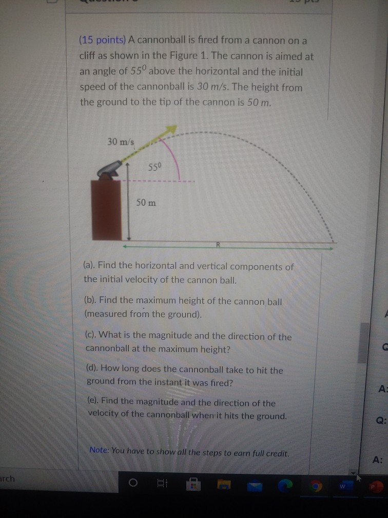 Solved 15 Points A Cannonball Is Fired From A Cannon On A