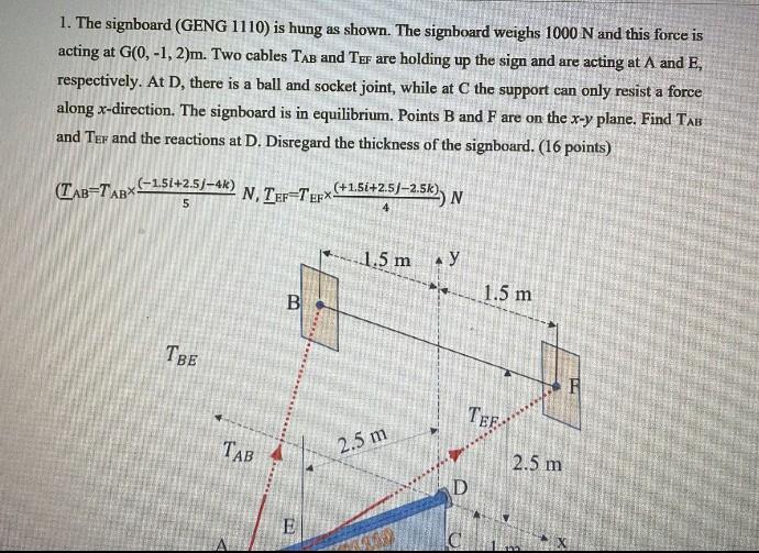 Solved 1. The signboard (GENG 1110) is hung as shown. The | Chegg.com