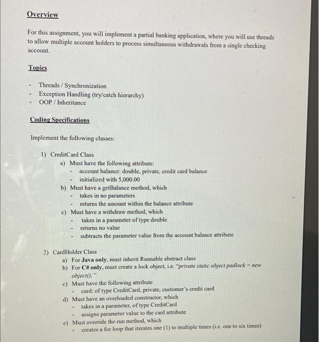 Solved Overview For this assignment, you will implement a | Chegg.com