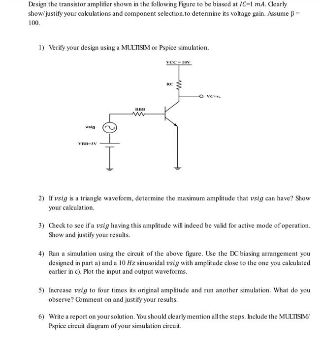 Solved Design the transistor amplifier shown in the | Chegg.com