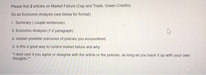 Please find 2 articles on Market Failure (Cap and Trade, Green Credits).
Do an Economic Analysis (see below for format)
1. Su