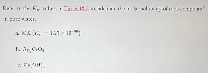 Solved Refer to the Ksp values in Table 18.2 to calculate | Chegg.com