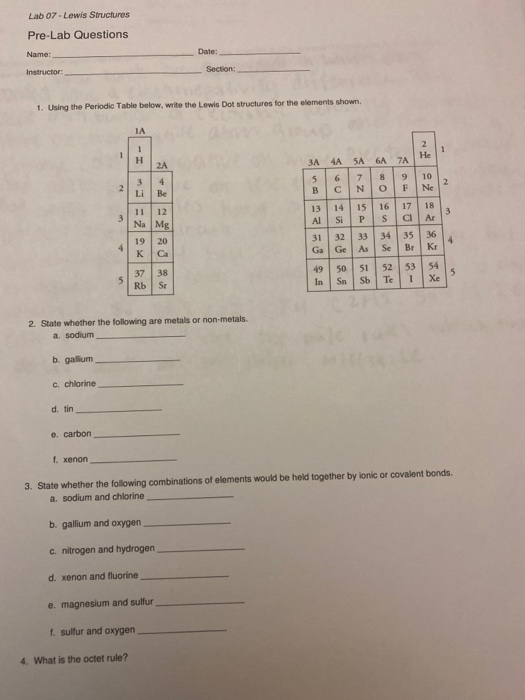 Solved Lab 07 - Lewis Structures Pre-Lab Questions Name: | Chegg.com