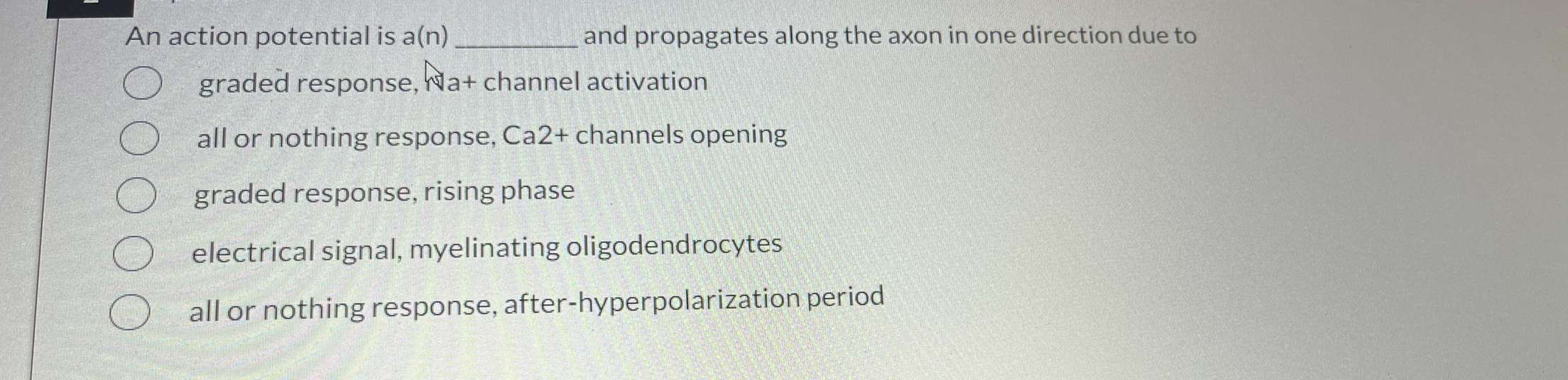 Solved An action potential is a(n) ﻿and propagates along the | Chegg.com