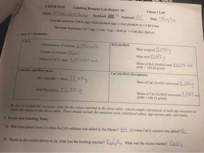 Solved CHEM 2115 Limiting Reagent Lab Report #6 Chem I Lab | Chegg.com