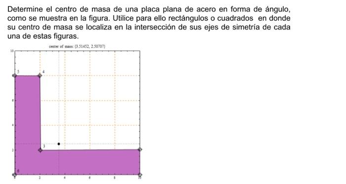 Determine el centro de masa de una placa plana de acero en forma de ángulo, como se muestra en la figura. Utilice para ello r