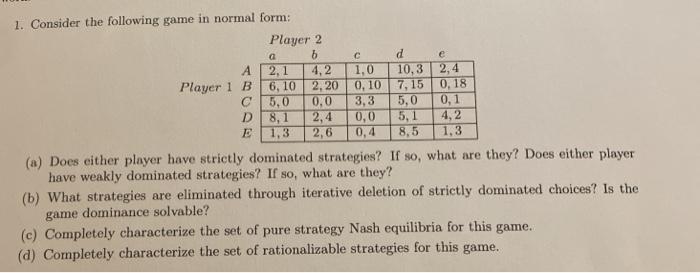 Solved 5,0 1. Consider the following game in normal form: | Chegg.com