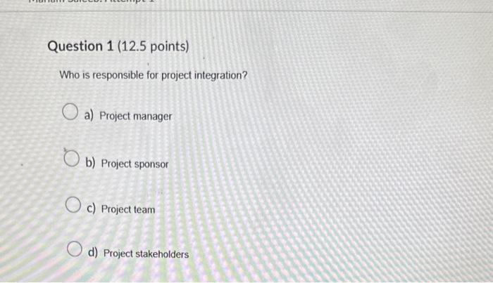 Solved Who is responsible for project integration? a) | Chegg.com