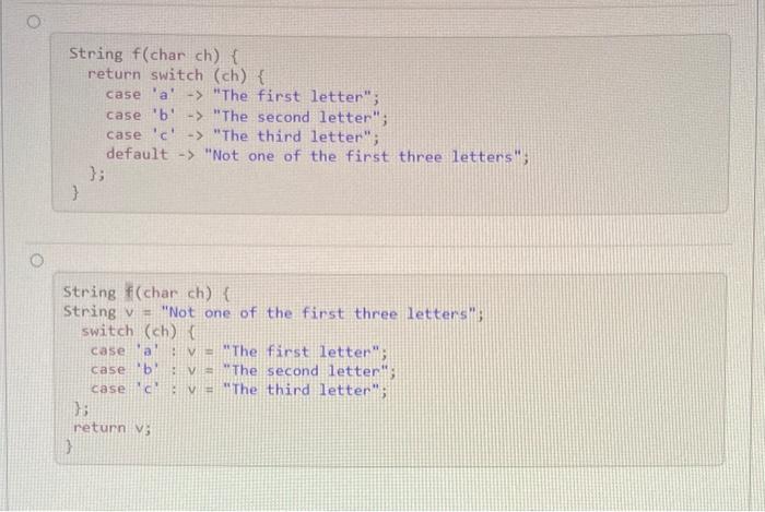 Solved String f( char ch){ return switch (ch) \{ case ' a ' | Chegg.com