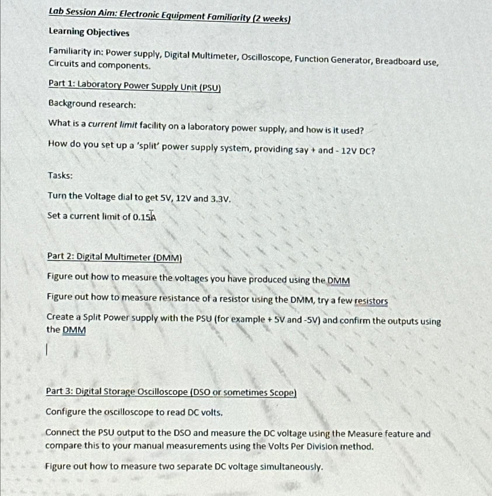 Solved Lab Session Aim: Electronic Equipment Familiarity (2 | Chegg.com