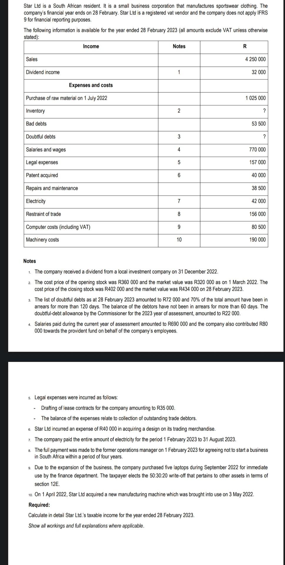 Solved Star Ltd Is A South African Resident It Is A Small
