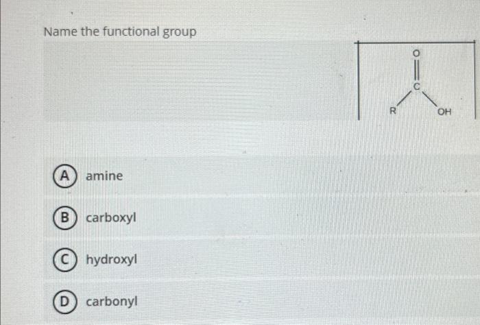 Name the functional group
amine
carboxyl
hydroxyl
carbonyl