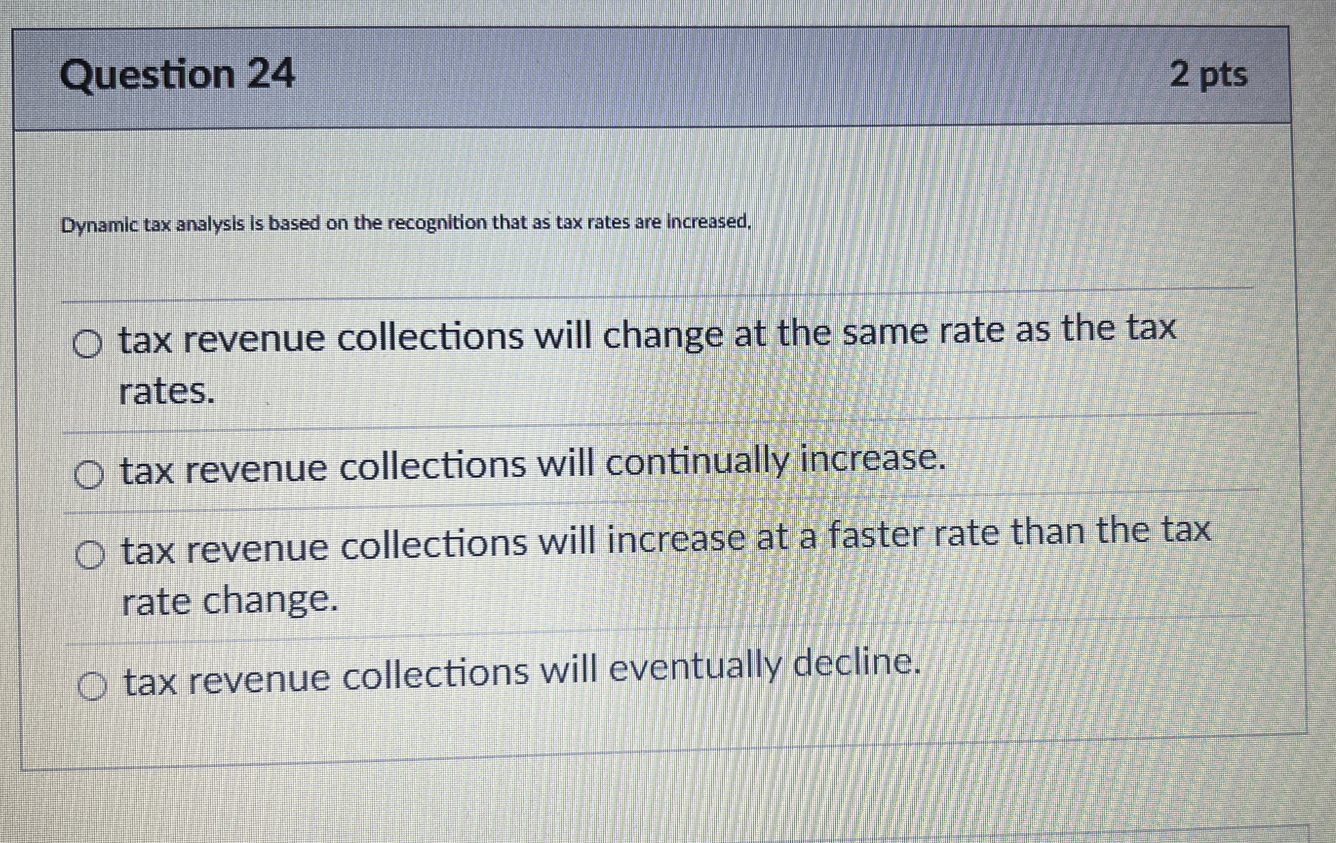 Solved Question 24Dynamic tax analysis is based on the | Chegg.com