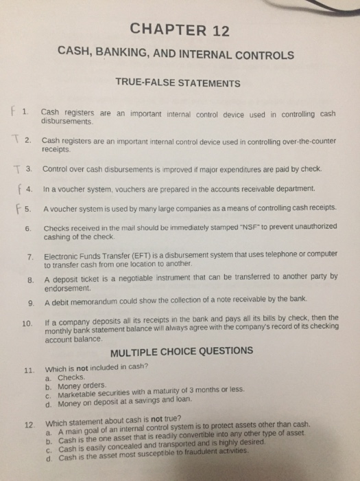 Solved CHAPTER 12 CASH, BANKING, AND INTERNAL CONTROLS | Chegg.com
