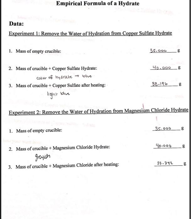 Solved Empirical Formula Of A Hydrate Data: Experiment 1: | Chegg.com