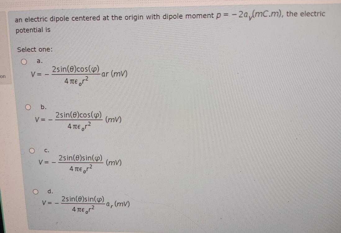 Solved an electric dipole centered at the origin with dipole | Chegg.com