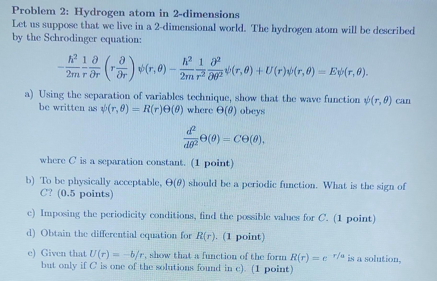 Problem 2 Hydrogen Atom In 2 Dimensions Let Us Chegg