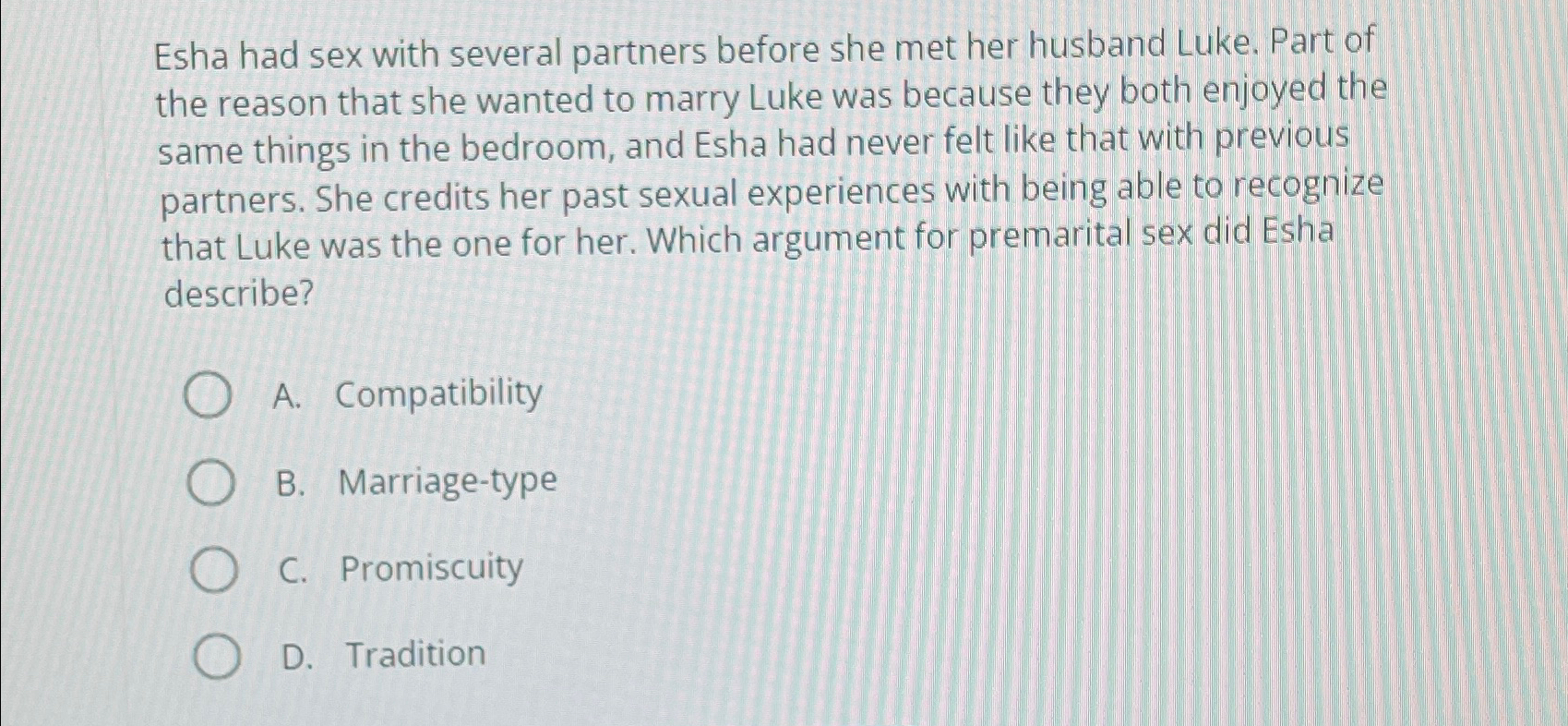 Solved Esha had sex with several partners before she met her | Chegg.com