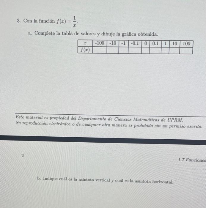 3. Con la función \( f(x)=\frac{1}{x} \). a. Complete la tabla de valores y dibuje la gráfica obtenida. Este material es prop