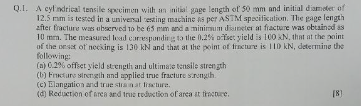 Solved Q.1. ﻿A cylindrical tensile specimen with an initial | Chegg.com