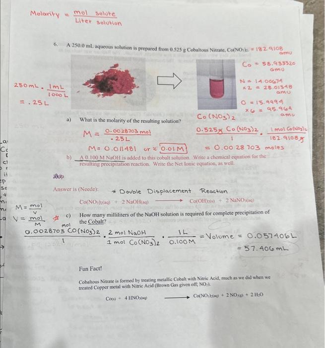 Solved 6. A 250.0 ML Aqueous Solution Is Prepared From 0.525 | Chegg.com