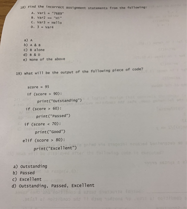 Solved 18) Find the incorrect assignment statements from the | Chegg.com