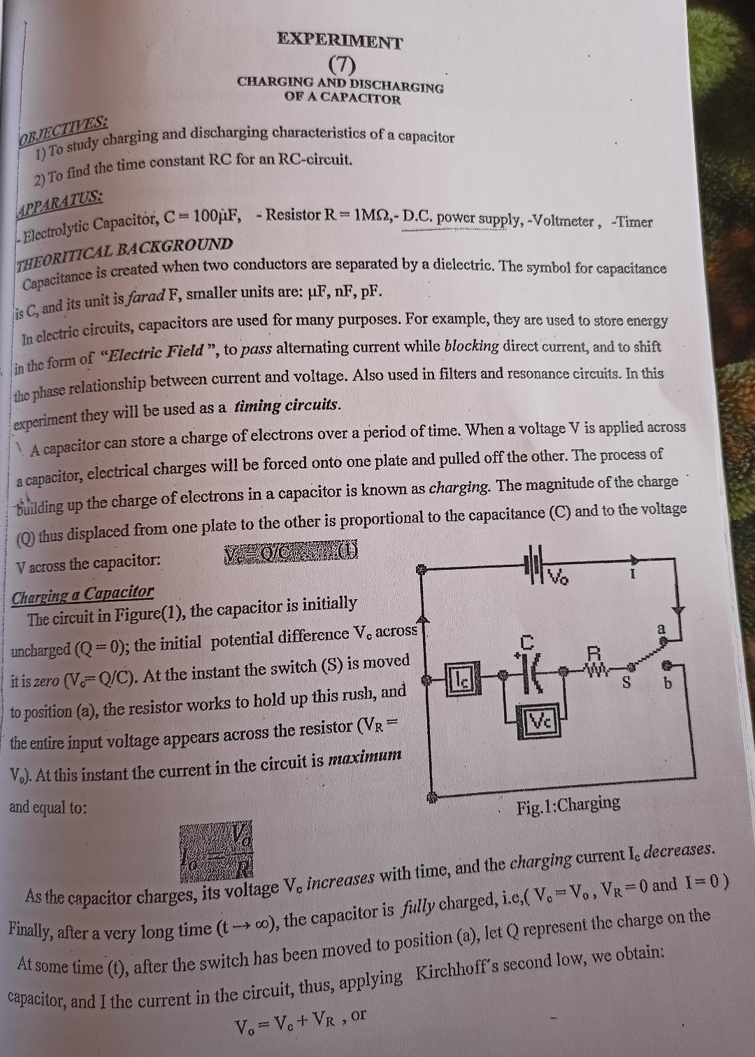 EXPERIMENT (7) CHARGING AND DISCHARGING OF A