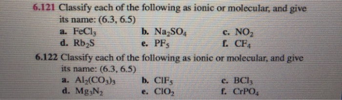 Solved 6.121 Classify each of the following as ionic or | Chegg.com