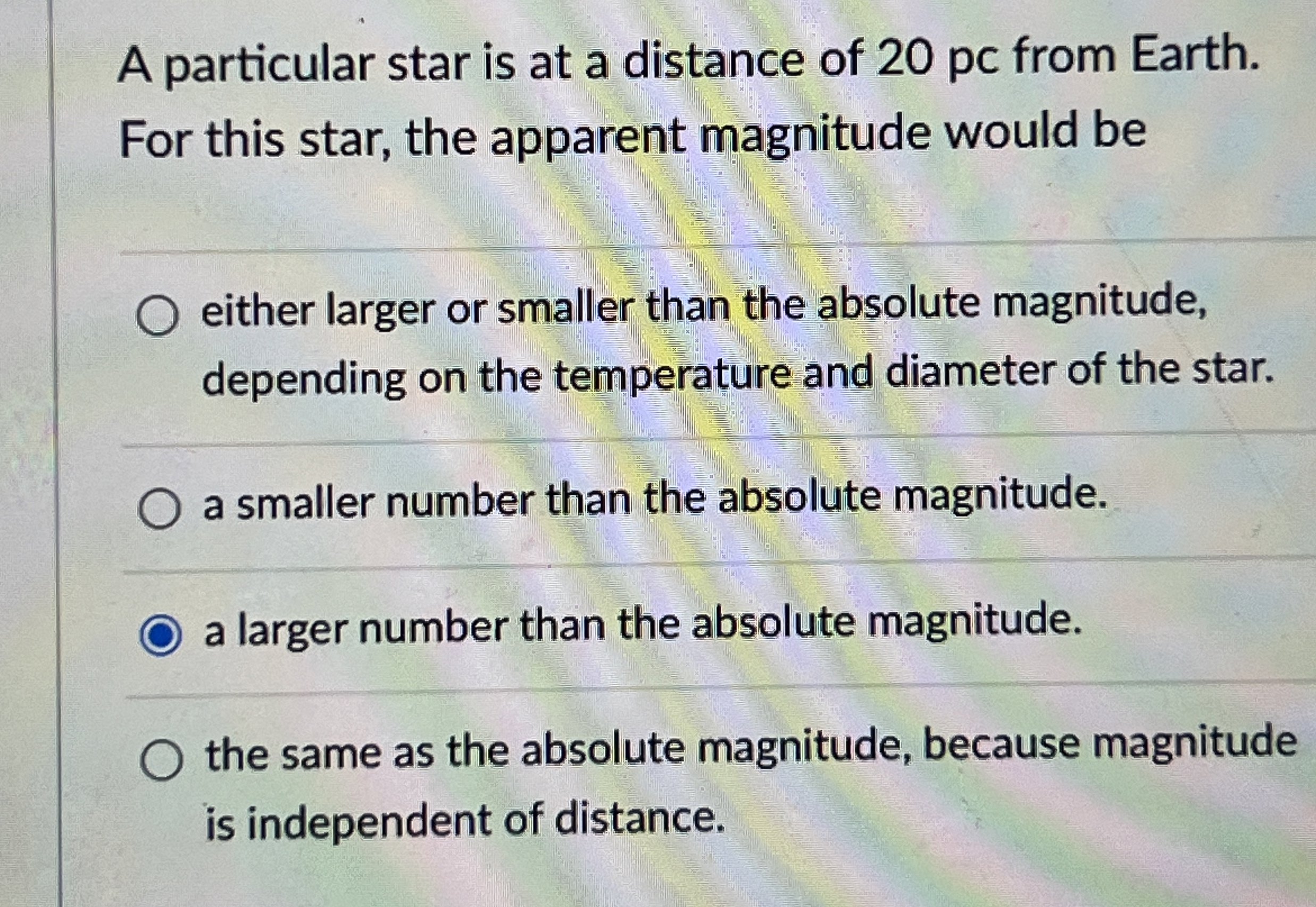 Solved A particular star is at a distance of 20 ﻿pc from | Chegg.com