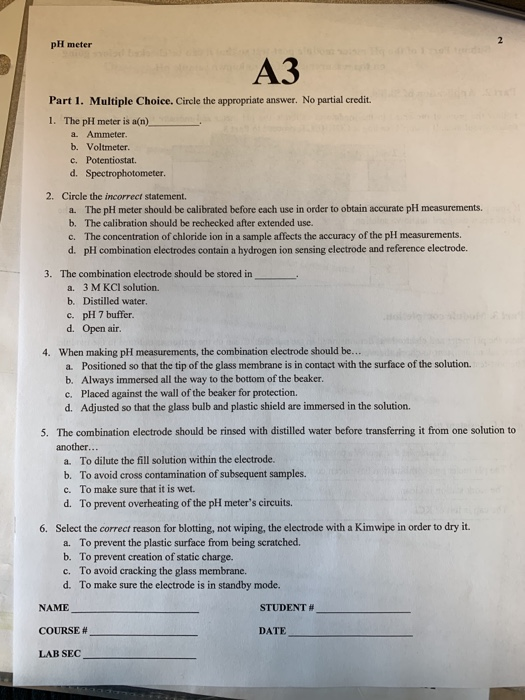 Solved pH meter A3 Part 1. Multiple Choice. Circle the