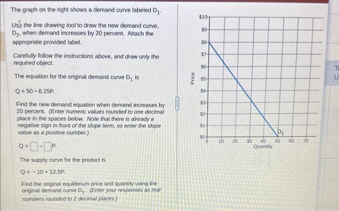 The graph on the right shows a demand curve labeled \( D_{1} \). Us. the line drawing tool to draw the new demand curve, \( D