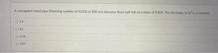 Solved A corrugated metal pipe (Manning number of 0.024) of | Chegg.com