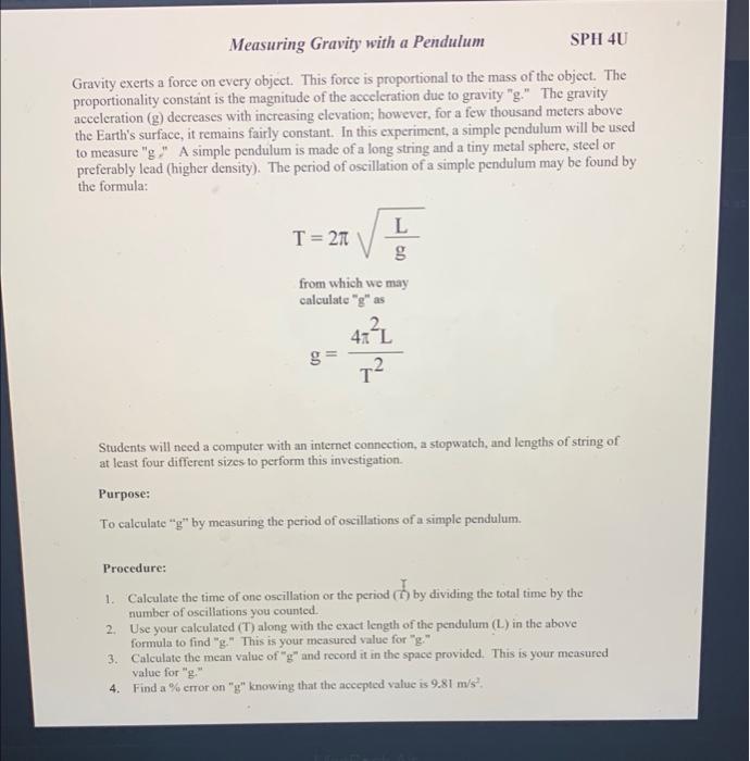 Solved Measuring Gravity with a Pendulum SPH 4U Gravity