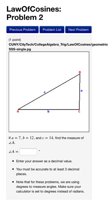 Solved LawOfCosines: Problem 2 Previous Problem Problem List | Chegg.com