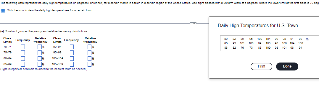 Solved The following data represent the daily high | Chegg.com