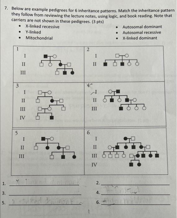 Solved 7. Below are example pedigrees for 6 inheritanro | Chegg.com