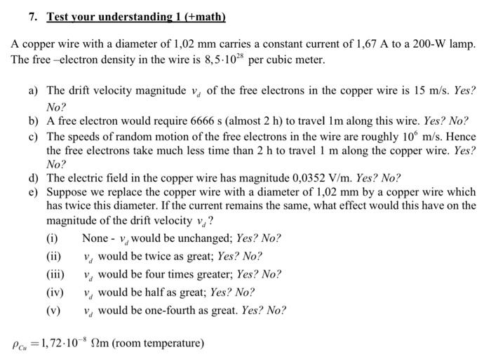 Solved 7. Test your understanding 1 (+math) A copper wire | Chegg.com