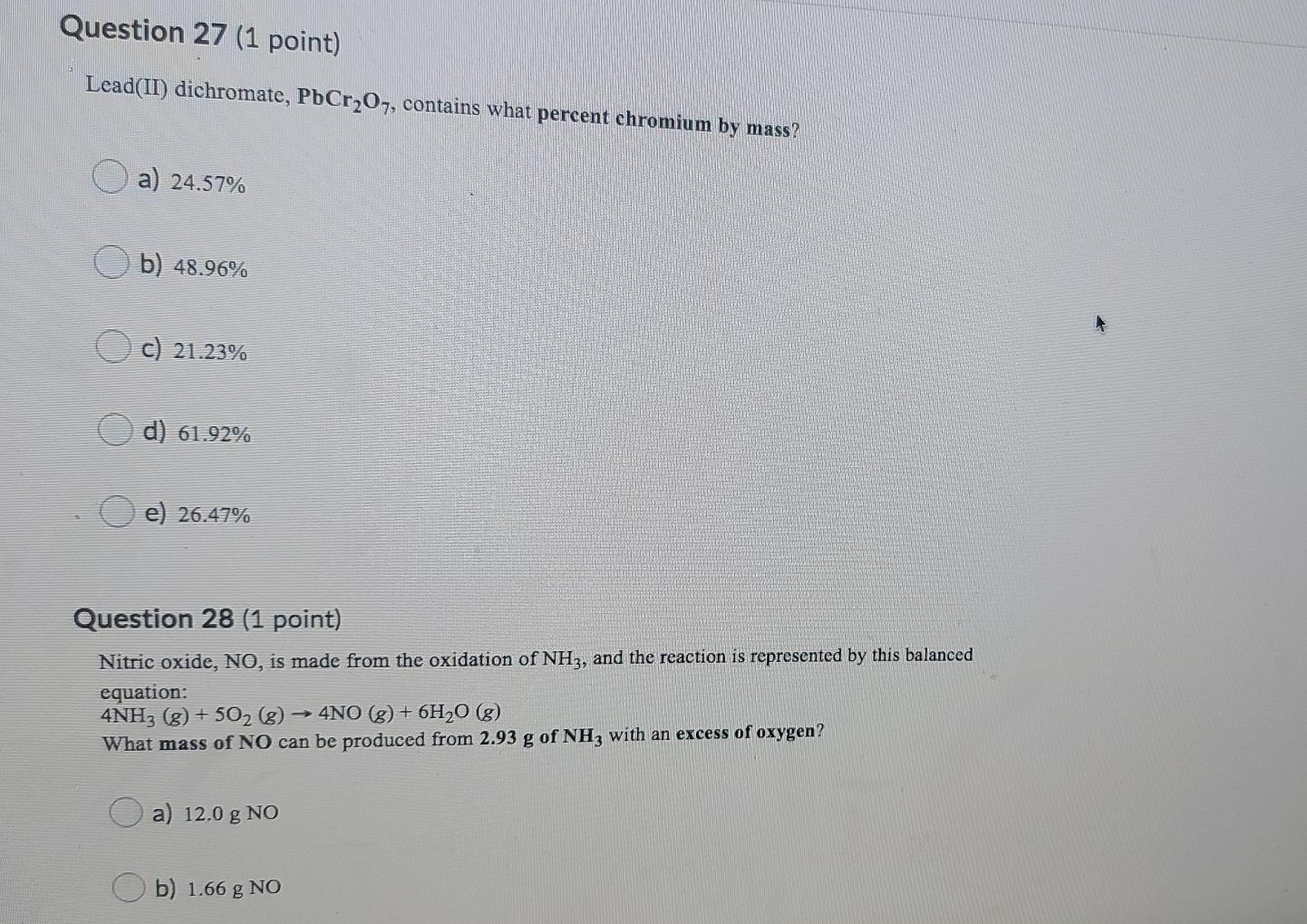 Solved Question 27 (1 point) Lead(II) dichromate, PbCr207, | Chegg.com