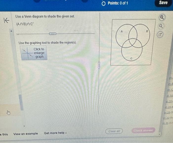 Use a Venn diagram to shade the given set \( (A \cap B) \cap C^{\prime} \)

Use the graphing tool to shade the region(s)