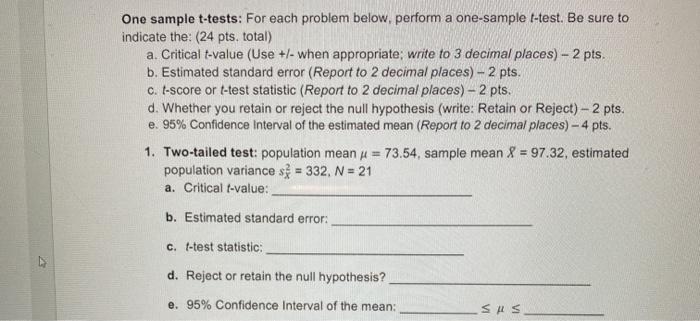 Solved One sample t-tests: For each problem below, perform a | Chegg.com