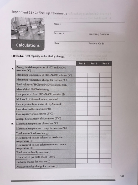 Solved: Experiment 11. Coffee Cup Calorimetry Name Person | Chegg.com