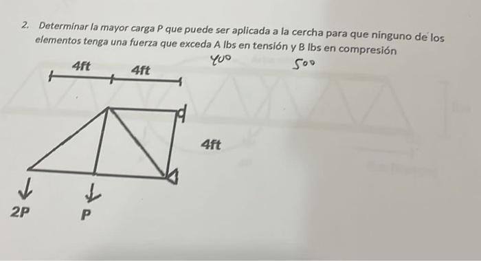 2. Determinar la mayor carga \( P \) que puede ser aplicada a la cercha para que ninguno de los elementos tenga una fuerza qu