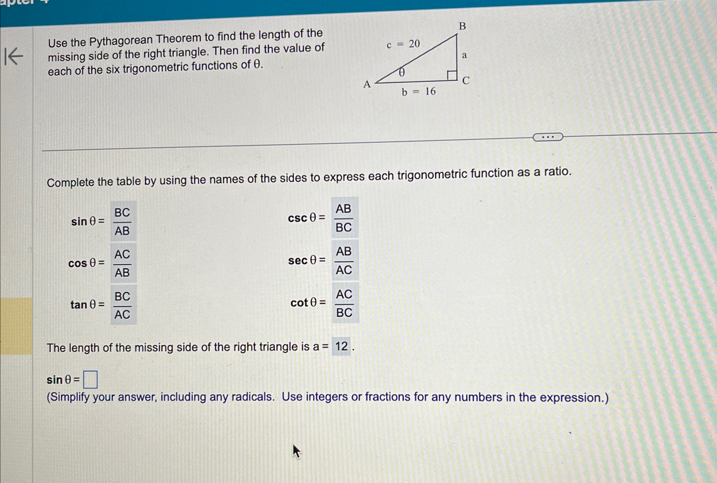 Solved Use the Pythagorean Theorem to find the length of the | Chegg.com
