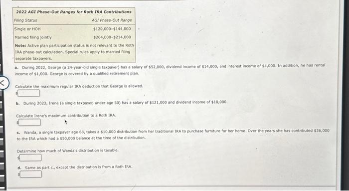 Solved 2022 AGI Phase-Out Ranges for Traditional and Roth | Chegg.com