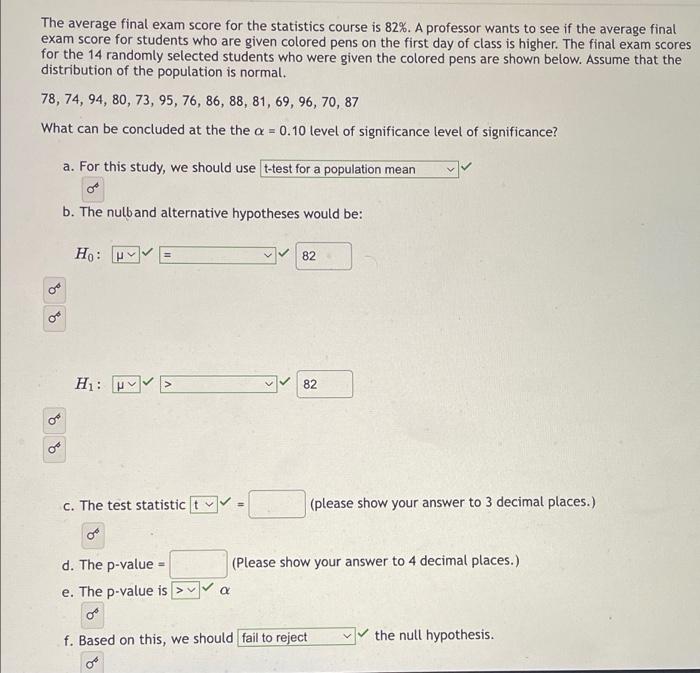 Solved The average final exam score for the statistics | Chegg.com